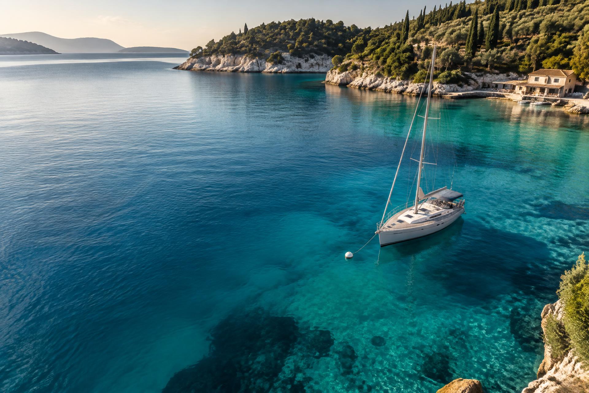 A sailing yacht on a mooring in an Ionian bay